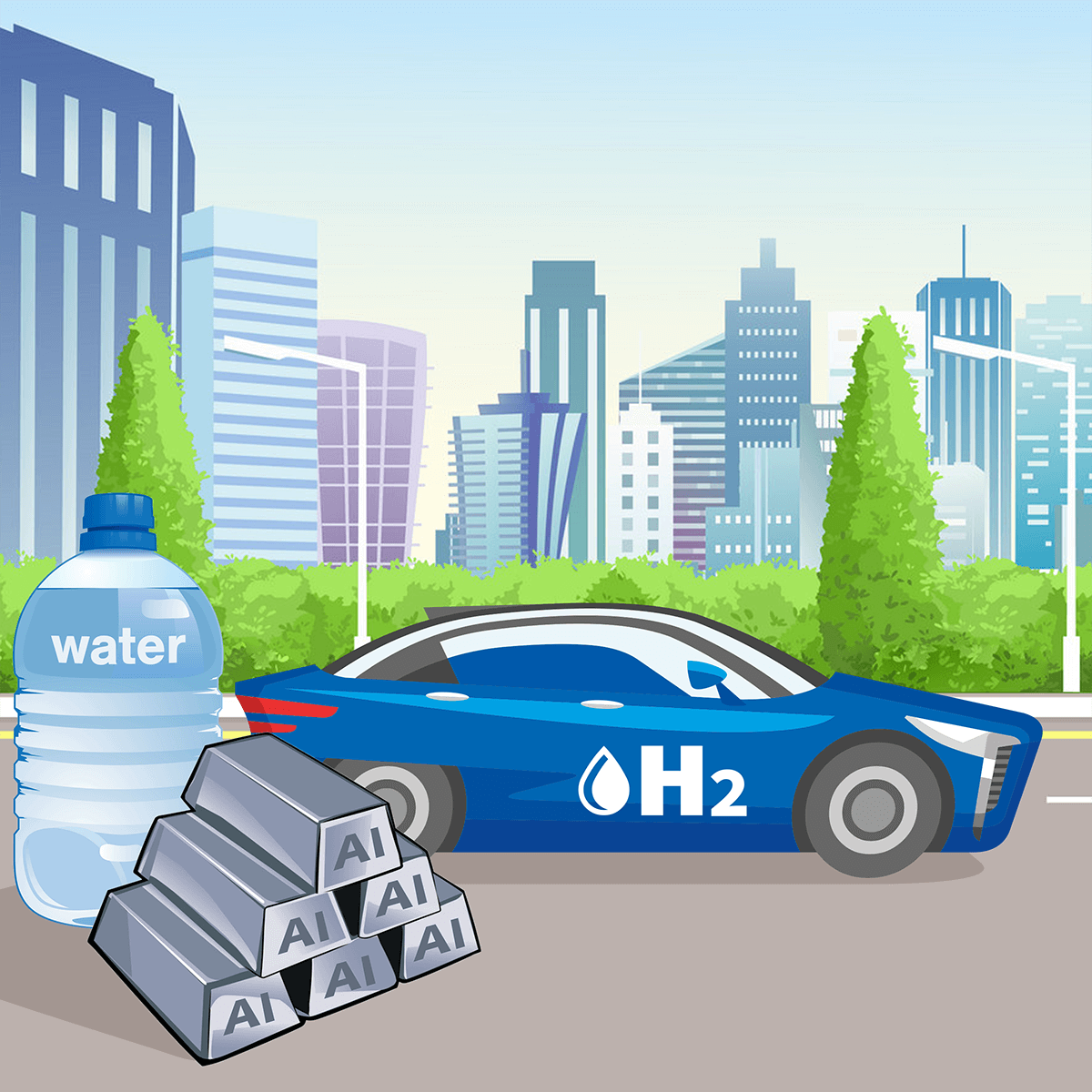 Illustration of hydrogen can with water bottle and aluminium bars